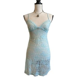 Y2K Coquette Balletcore Light Aqua Pastel Blue Sheer Lace Slip Dress | Small